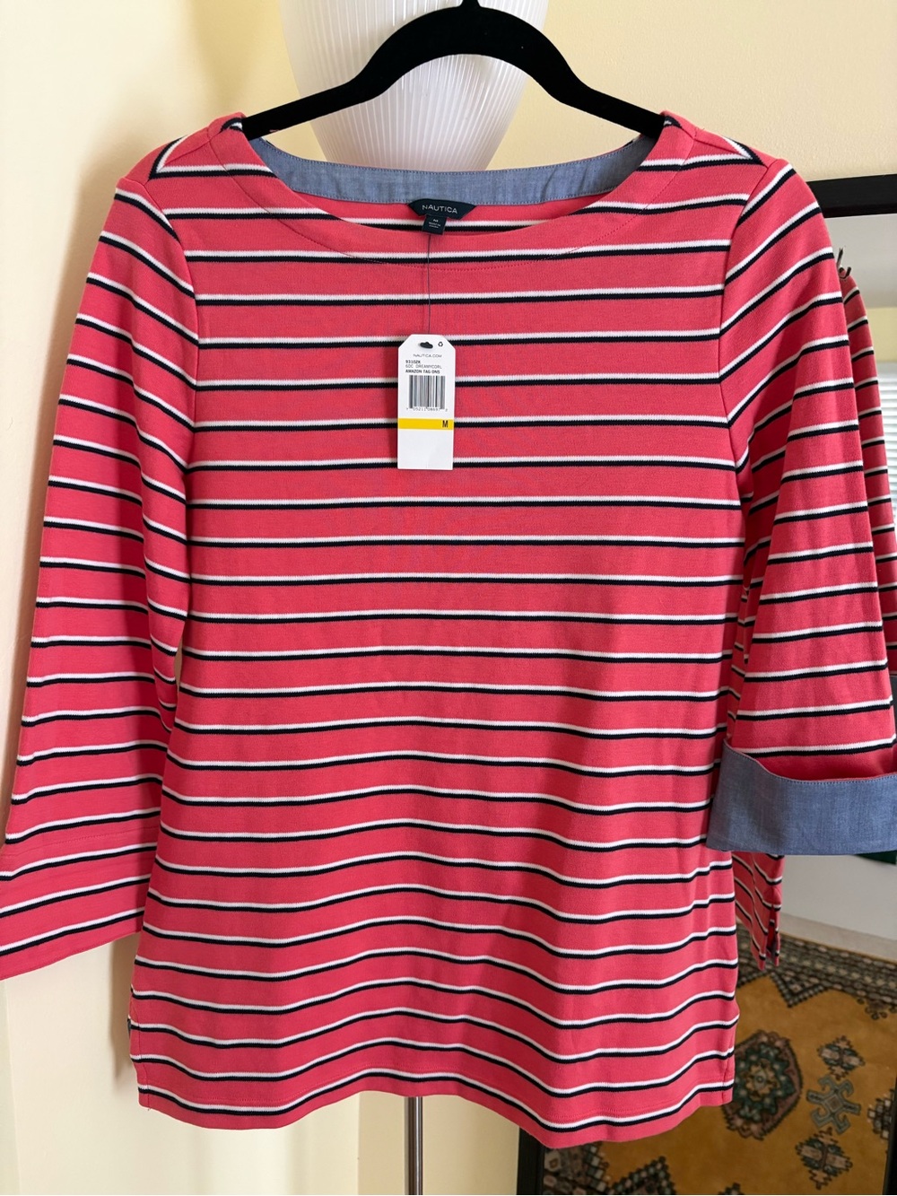 Nautica Coral Pink Striped Boatneck Knit Top with Navy & White Trim